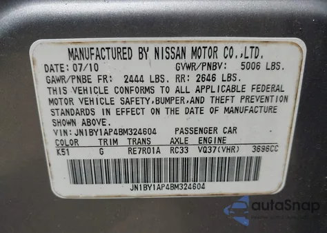 2011 Infiniti M37 z USA, uszkodzony, nr VIN JN1BY1AP4BM324604